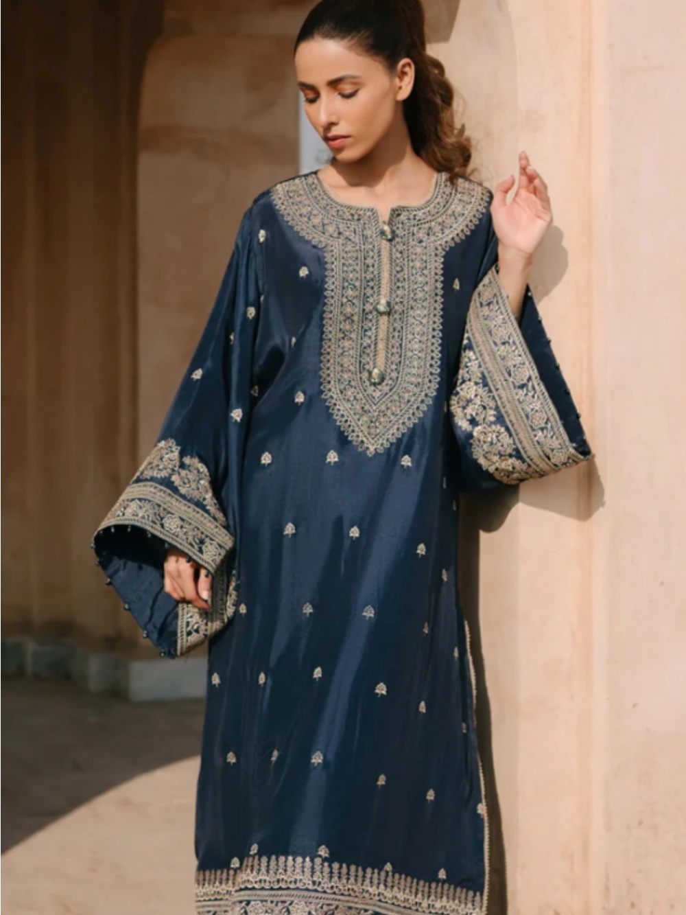 Embroidered Navy Blue Women's Kaftan